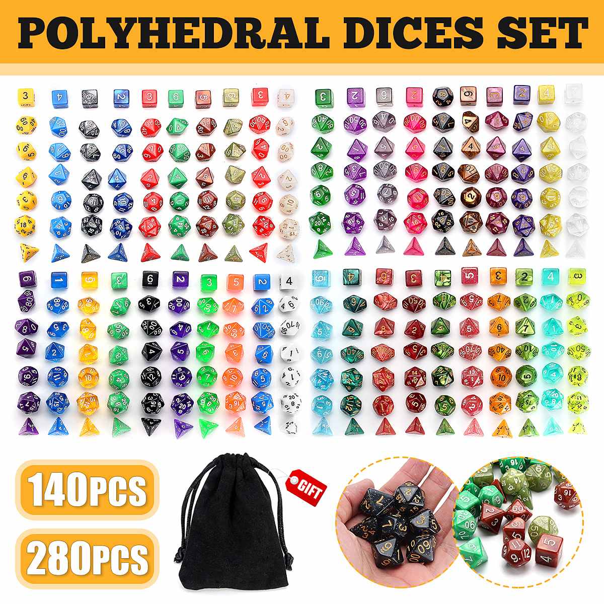 140 pces/280 pces conjunto de dados polyhedral trpg cor misturada diques D4-D20 para jogos de tabuleiro rpg + sacos de armazenamento