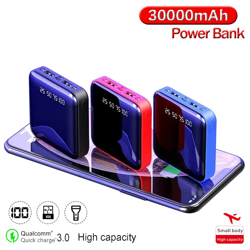 Mini-powerbank mit 30000 mah, bidirektionaler schnellladefunktion, 3 usb-anschlüssen, digitalanzeige, externem akku und taschenlampe für iphone und xiaomi