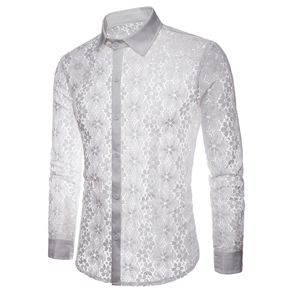 Men Sexy Shirts Long Sleeve Solid Color Lace Mesh See Through Clubwear Buttons Down Shirt Slim Party Transparent Shirt Tops