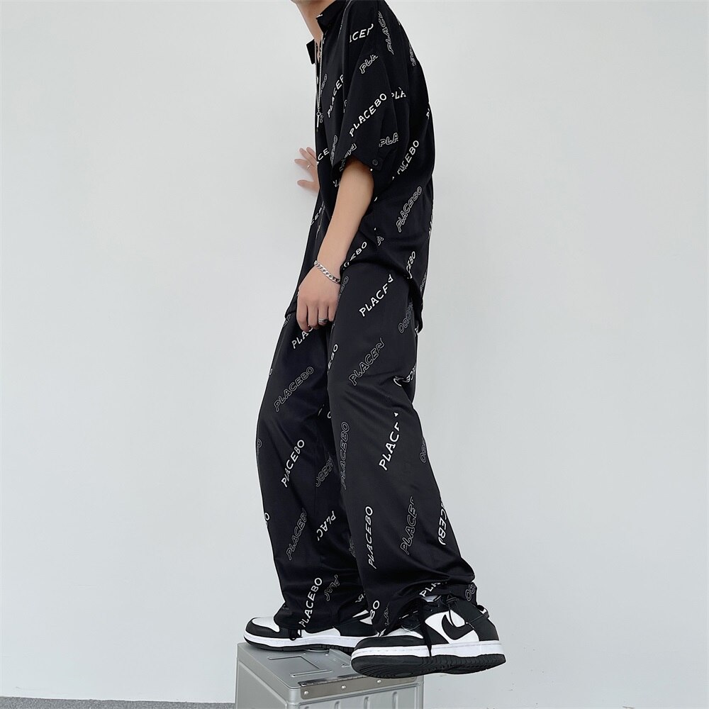 T Shirt Straight Leg Pant Summer Lightweight 2 Pieces Sets for Men Korean Gothic Clothing Teens Hip Hop Streetwear Satin