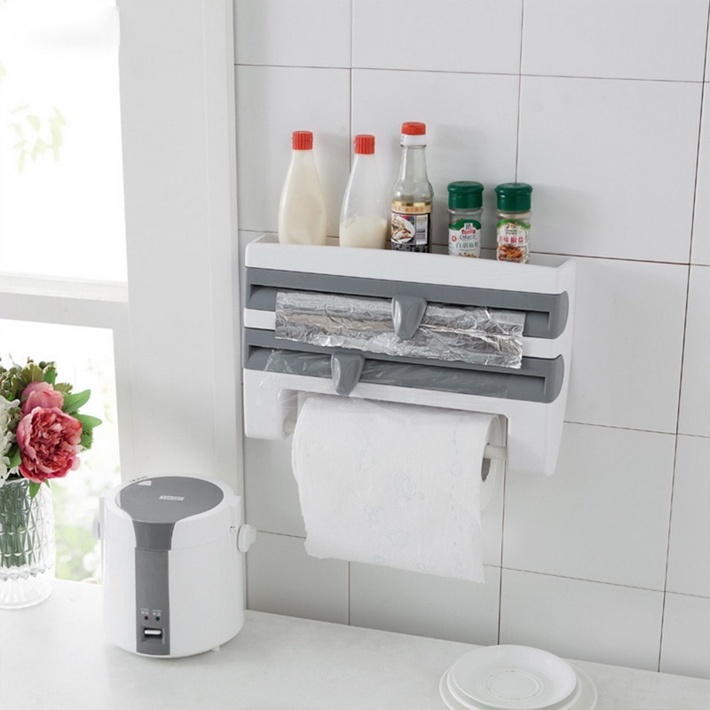 Rollo de soporte para papel de cocina, dispensador de papel, estante de almacenamiento, Film de cocina, organizador montado en la pared 4 en 1