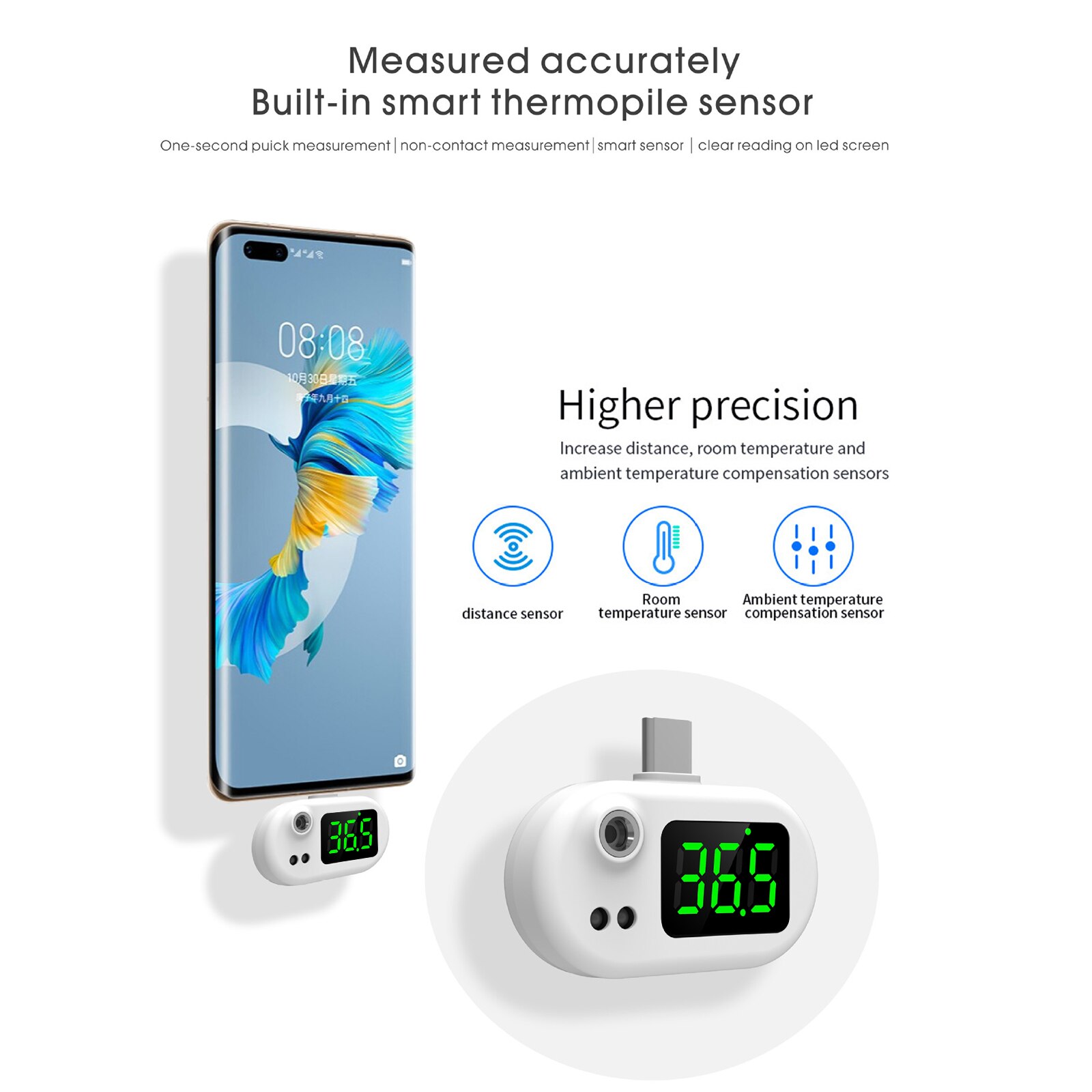 Smart Mobile Phone Thermometer Non Contact Digital Temperature Sensor for Adults & Kid Portable Mini Thermometer Used with Phone