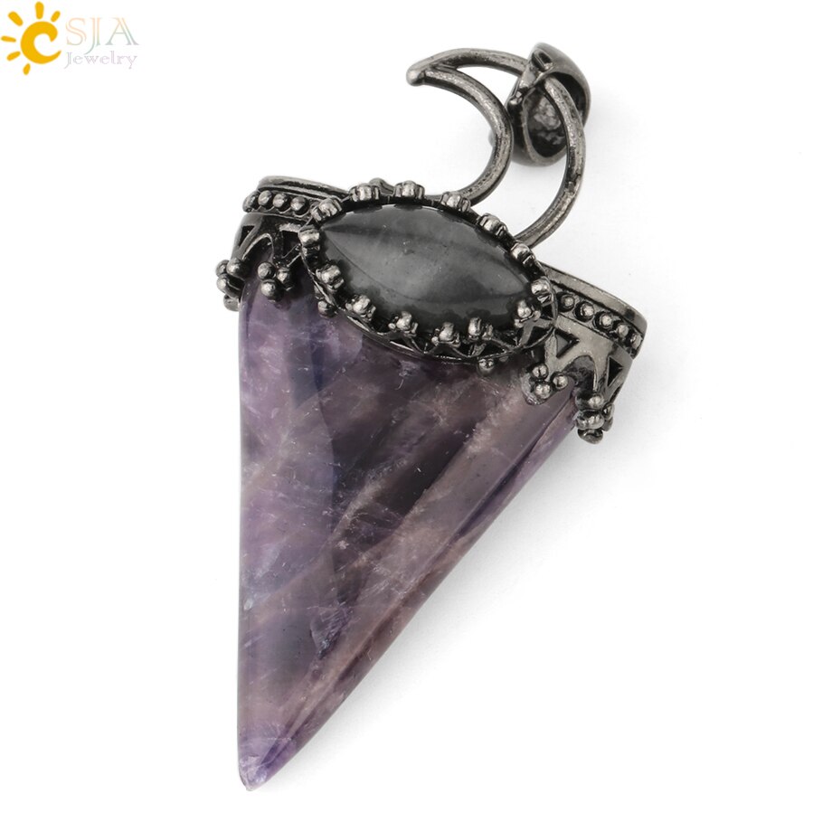 CSJA Natural Stone Triangle Pendant Necklace Antique Silver-color Crown Moon Labradorite Geometric Women Men Trendy Jewelry G324: Amethyst