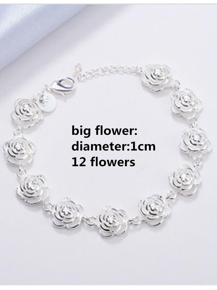 Pulseras de flores de rosa para mujer, joyería de plata de ley 925, mujer Navidad: big rose