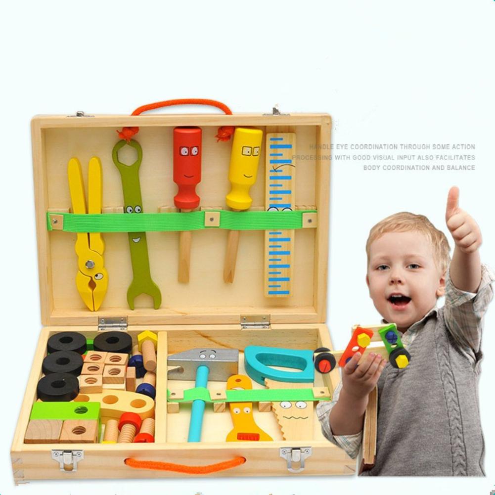 Tool Box Solid Wood Tool Box with Colorful Wooden Tools Construction Toy Role-play Set