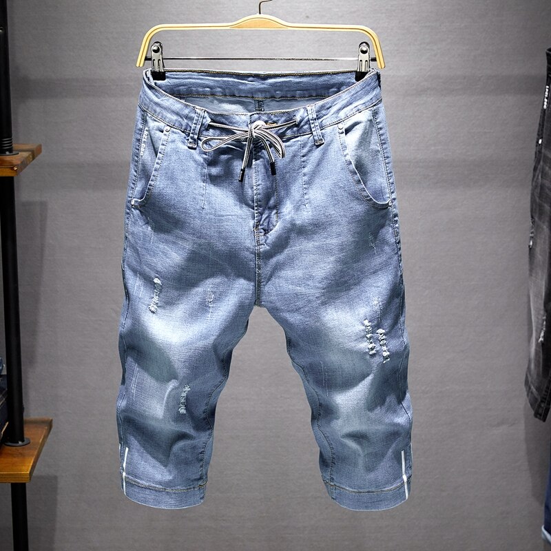 Herr slitna korta blå jeans kläder bermuda sommar bomullsshorts andas denim kalvlånga byxor man ,830