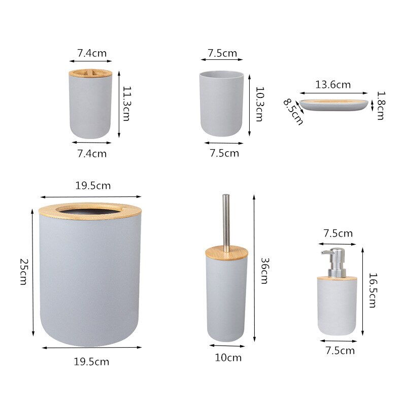 Dispensador de jabón de bambú con bote de basura, taza de cepillo de dientes, botella de loción, accesorios para el baño, 6 uds. #1013