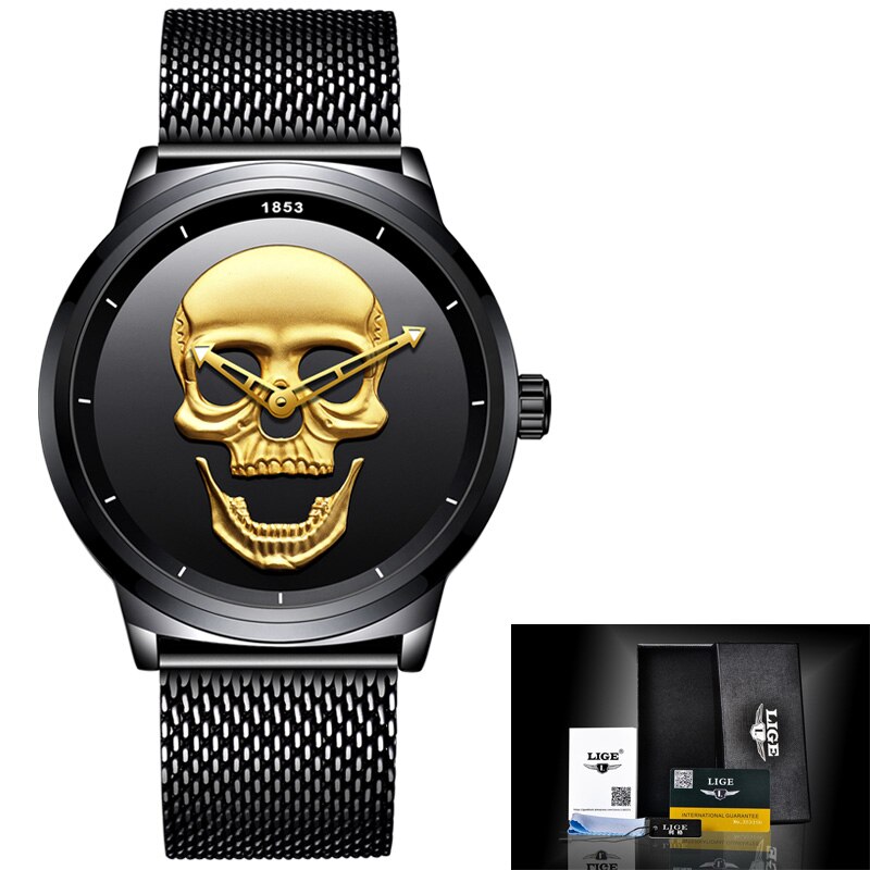 2018 lige mærke cool punk stil pirat skelet kranium quartz herreure mesh stål sport sort ur herre relogio masculino+box: Sort guld