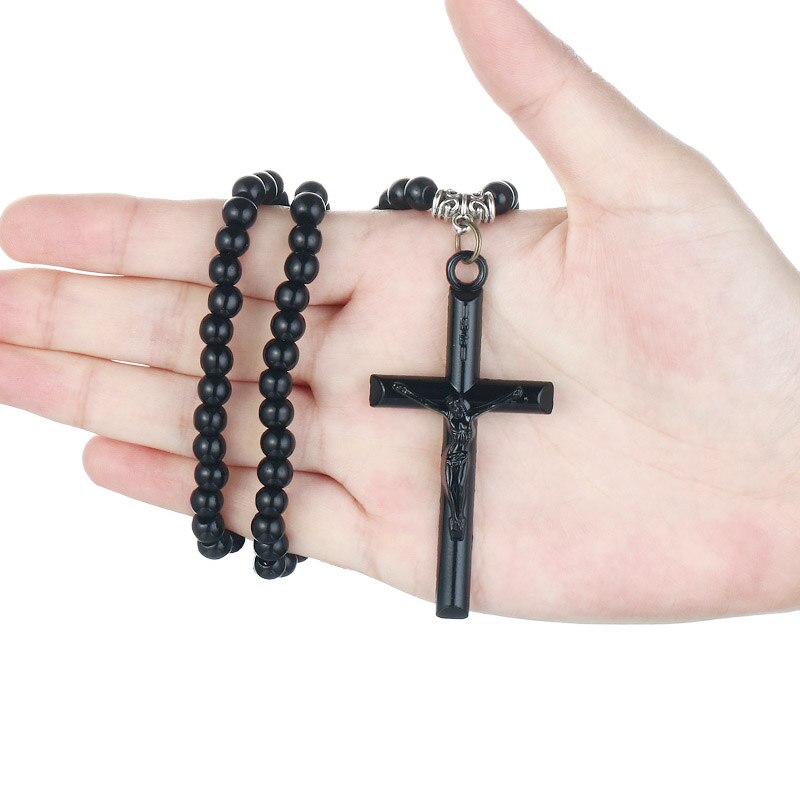Retro jesus kors vedhæng halskæde sort farve perler kæder saint benedict medalje halskæder til mænd religiøse smykker kolye
