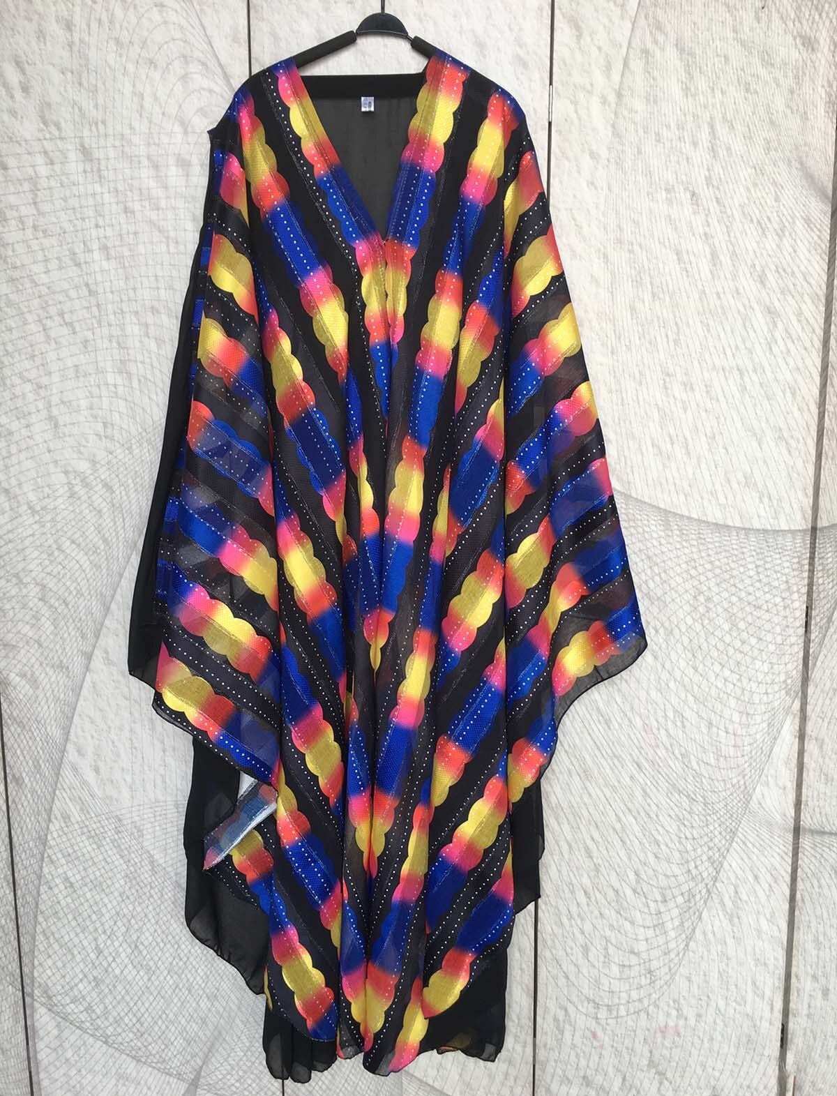 Women Dashiki African Stripe Print Maxi Dress Loose Cloak Chiffon Party Nigeria Clothes Kaftan Robe Muslim Abaya Hijab Dress