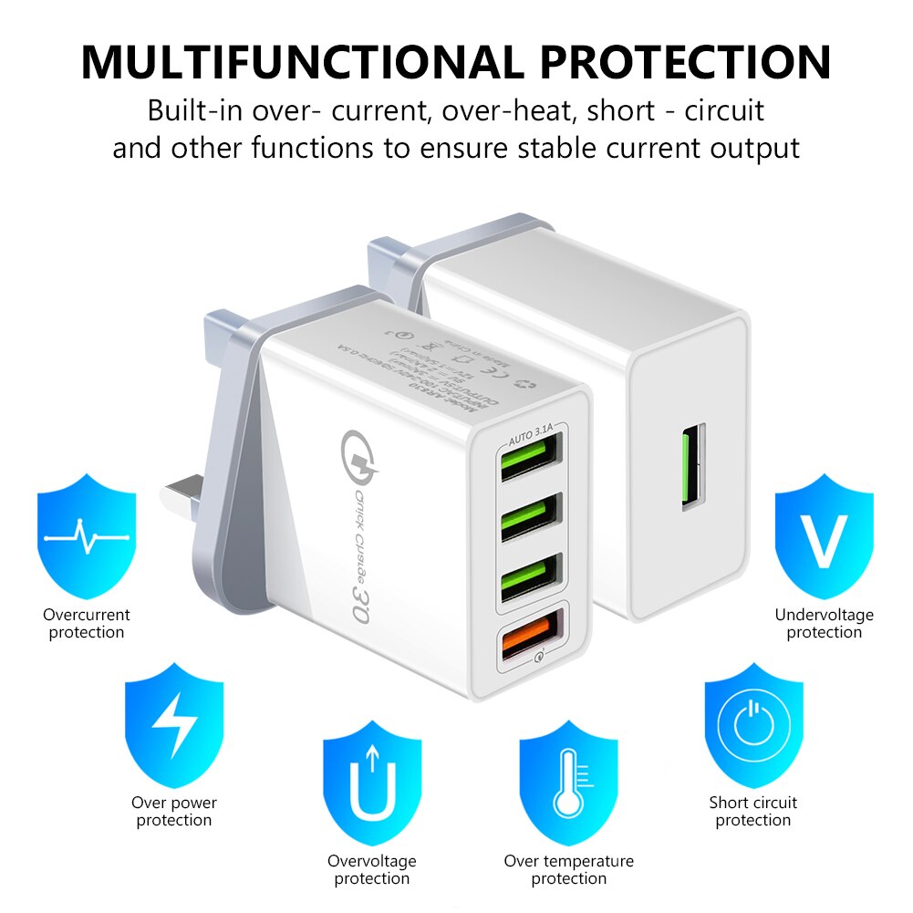 5V 2.4/3A Uk Plug 1/4 Usb-poort Adapter Mobiele Telefoon Lader Apparaat Quick Lading Qc 3.0 mobiele Telefoon Oplader Fast Charger