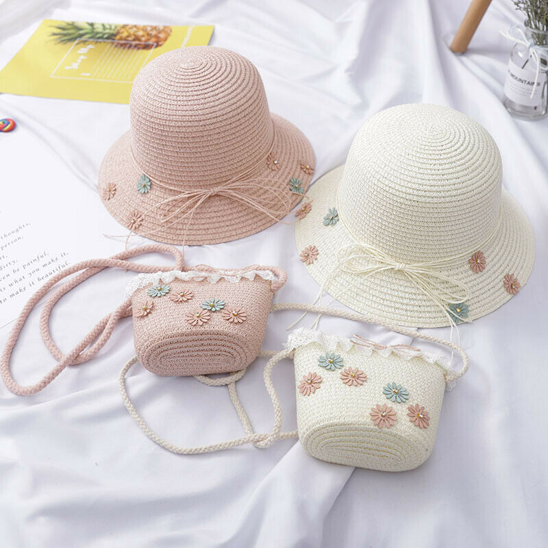 Girls Kids Beach Breathable Cap Straw Sun Hat+Cute Flower Straw Shoulder Handbag Bag Set Summer