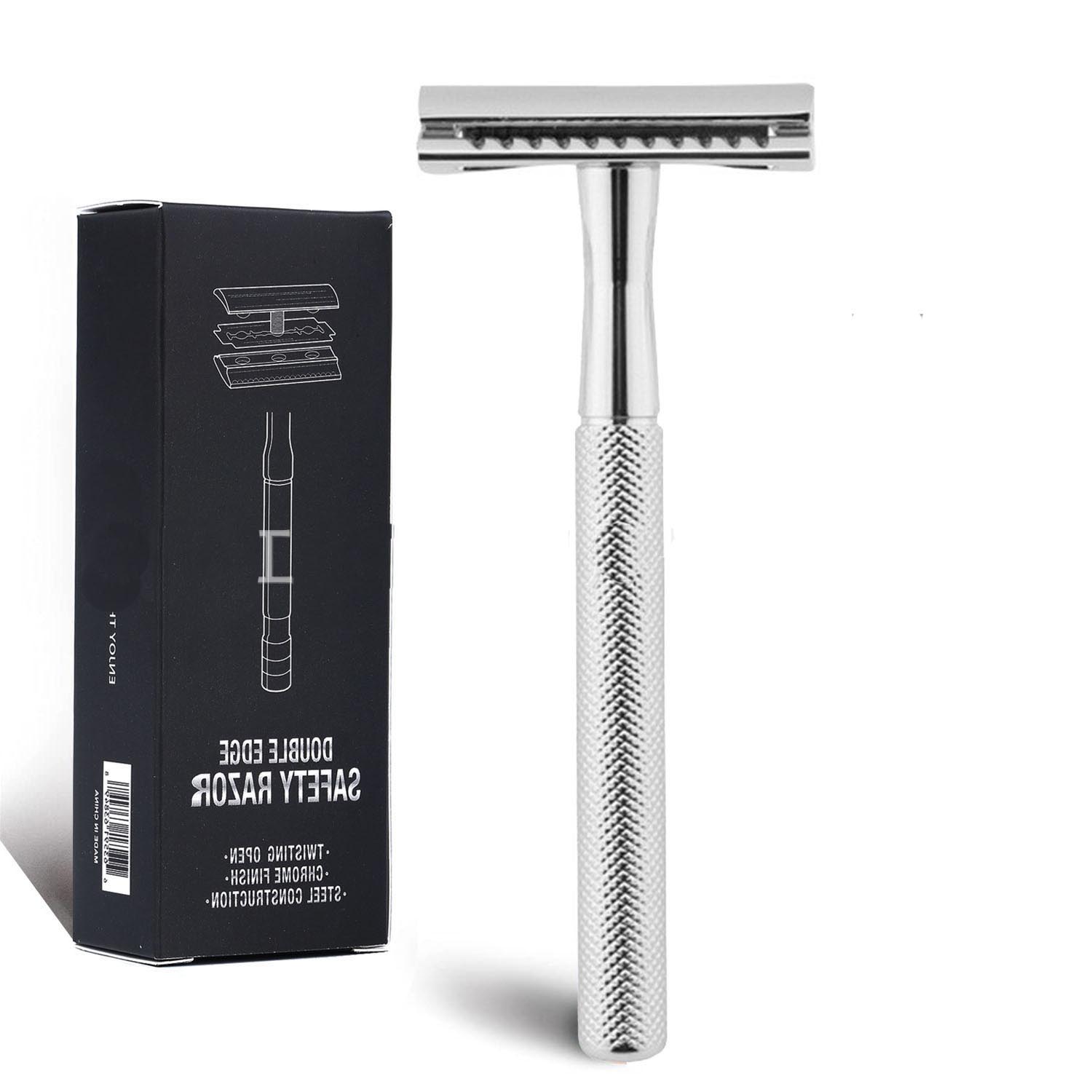Afeitadora masculina de acero inoxidable, maquinilla de afeitar de seguridad con mango ponderado, recambios de cuchillas de doble filo, maquinilla de afeitar de una sola hoja para hombres: Marrón
