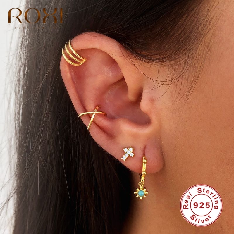 ROXI Bohemia Sunflower Turquoise Stone Small Round Beads Hoop Earrings for Women Wedding Jewelry Earrings 925 Sterling Silver