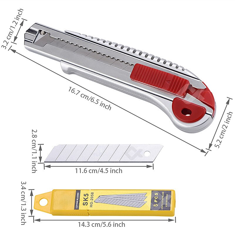 Retractable Utility Knife Extra 5Pcs Blades Box Cutter Self Loading Heavy Duty Snap Off Quick Change TPR+PP Handle Cutting