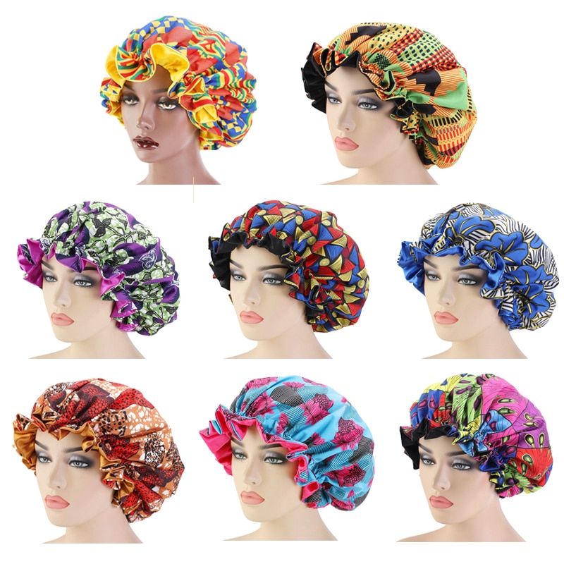 Extra grande taille cheveux casquettes modèle africain Satin Bonnet grande vague bord nuit sommeil casquette femmes fleur Turban outil de coiffure