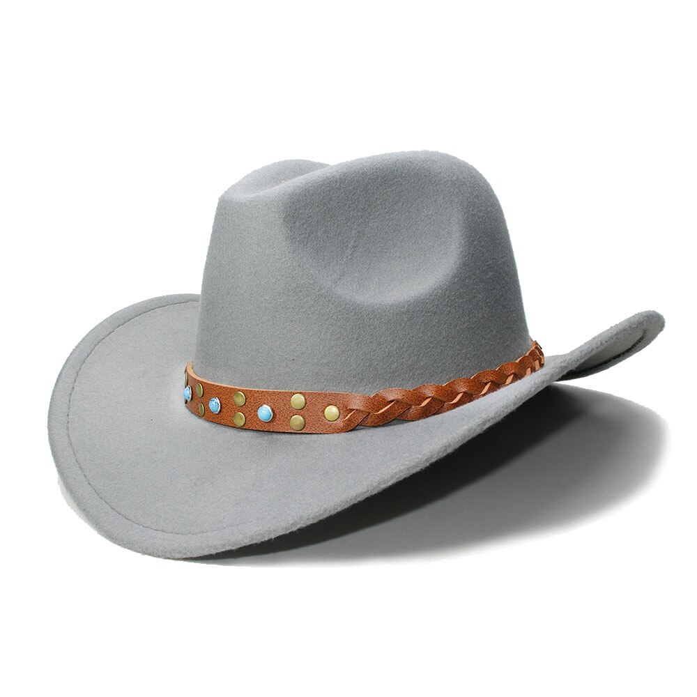 LUCKYLIANJI Womem Men Female Male's Wool Felt Western Cowboy Hat Wide Brim Cowgirl Braid Leather Band (One Size:57cm): Gray