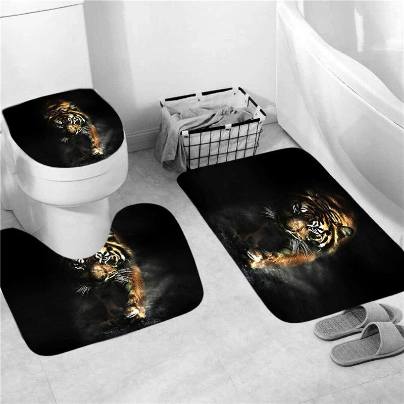 Ensemble de rideau de douche avec tapis, motif animaux, tigre, Lion, imperméable, écran de bain, antidérapant, couvercle de toilette, décor de salle de bain: 3 PCS Mats - A