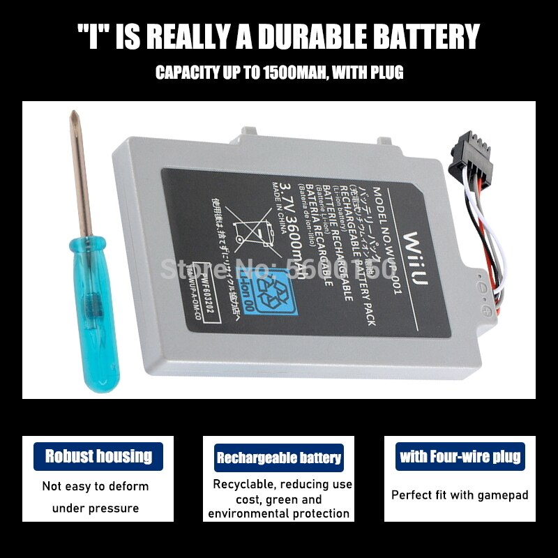 Paquete de batería recargable de ión-litio para Nintendo Wii U, 3,7 V, 3600mAh, baterías de repuesto para mando