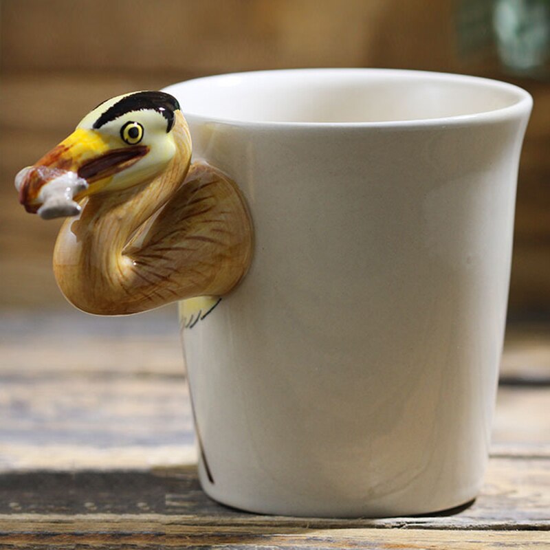 3D three-dimensional blue fish heron coffee mug Hand-painted animal ceramic cup Personality handle Cartoon mugs