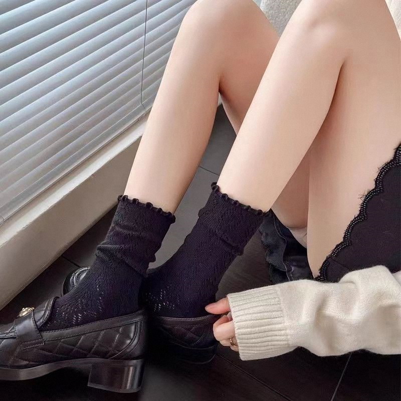 1Pair Women Thin Hollow Out Long Loose Socks JK Lolita Sweet Girls Japanese Solid Color Breathable Cotton Spring Summer Stocking: Dark Grey