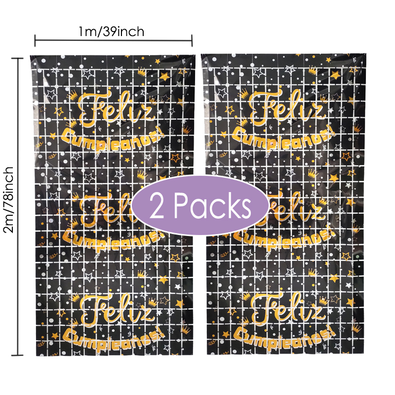2 Packs Spanish Happy Birthday Foil Curtains Birthday Party Backdrop Decorations Feliz Cumpleanos Birthday Decor Background: Pink
