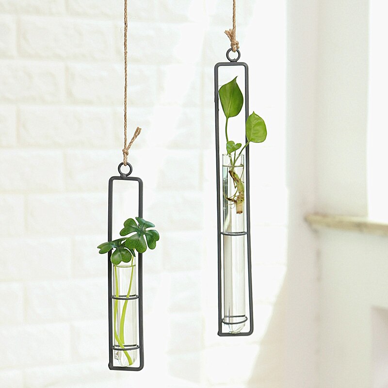 Wanddecoratieve bloemenvaas van ijzer, glas en hydrocultuurpot, transparante hangende bloemenfles, huisdecoratie