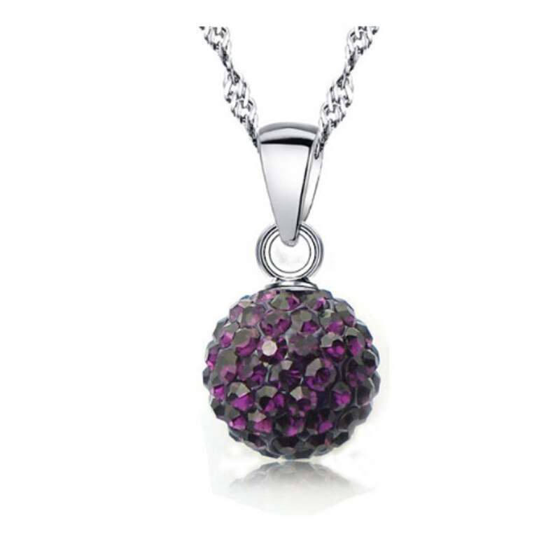 Qianbei Shiny Latest Jewelry Necklace Silver Color Austrian Crystal Pave Disco Ball Lever Back Pendant Necklace Women: Purple