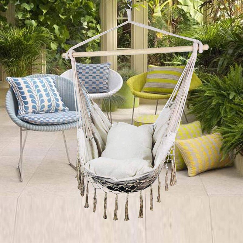 Macrame lounging hængende reb hængekøje stol veranda sving sæde til indendørs og udendørs have gårdhave soveværelse