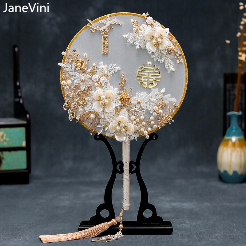 JaneVini-ramos de novia chinos tipo ventilador, blanco de encaje con apliques de perlas, Metal, redondos, accesorios de joyería de boda,