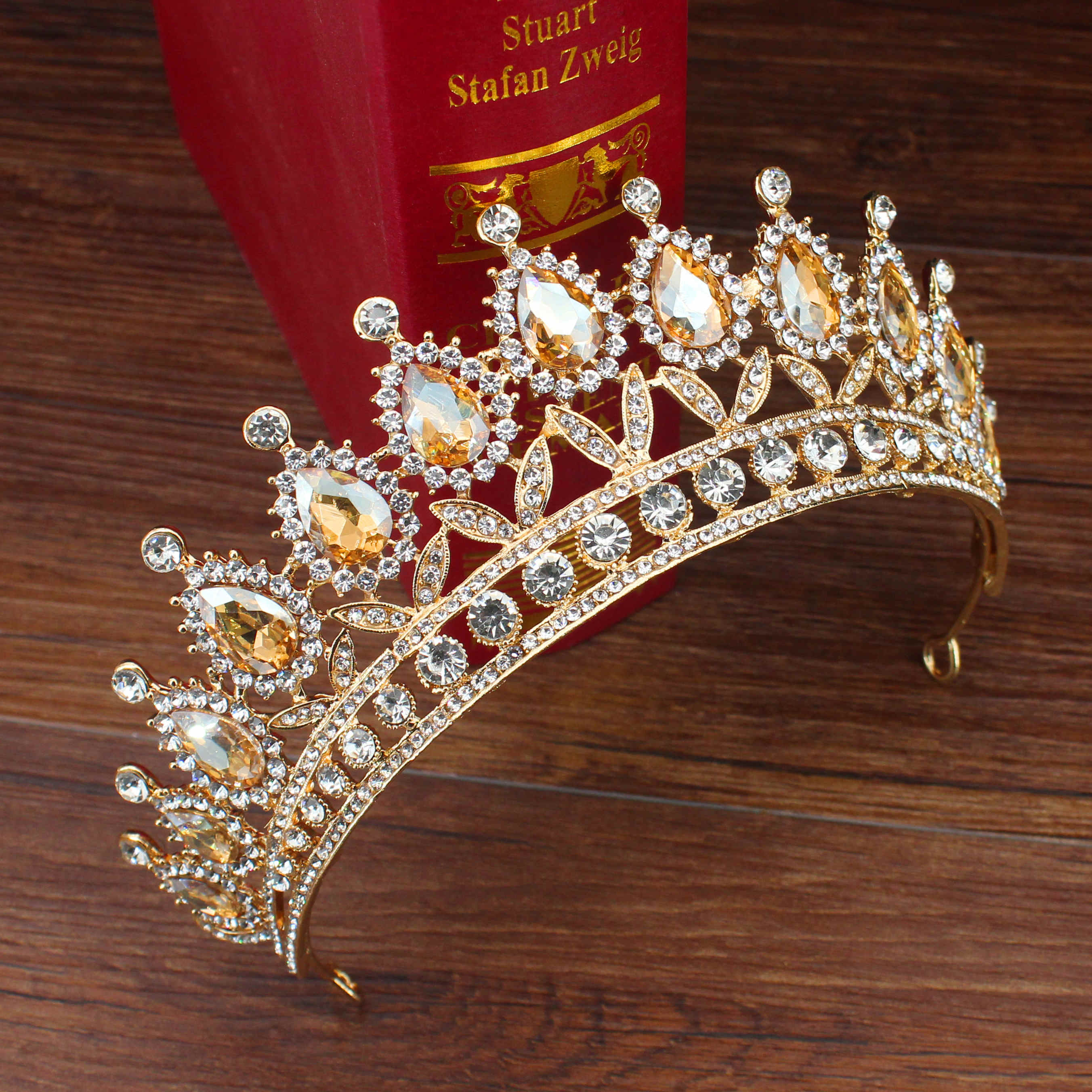 Wedding Bridal Tiara Crown Queen Sposa Oro Rosso di Cristallo Diadem Ornamenti Per Capelli Testa Accessori Dei Monili Delle Donne Pageant Copricapo: Gold 06