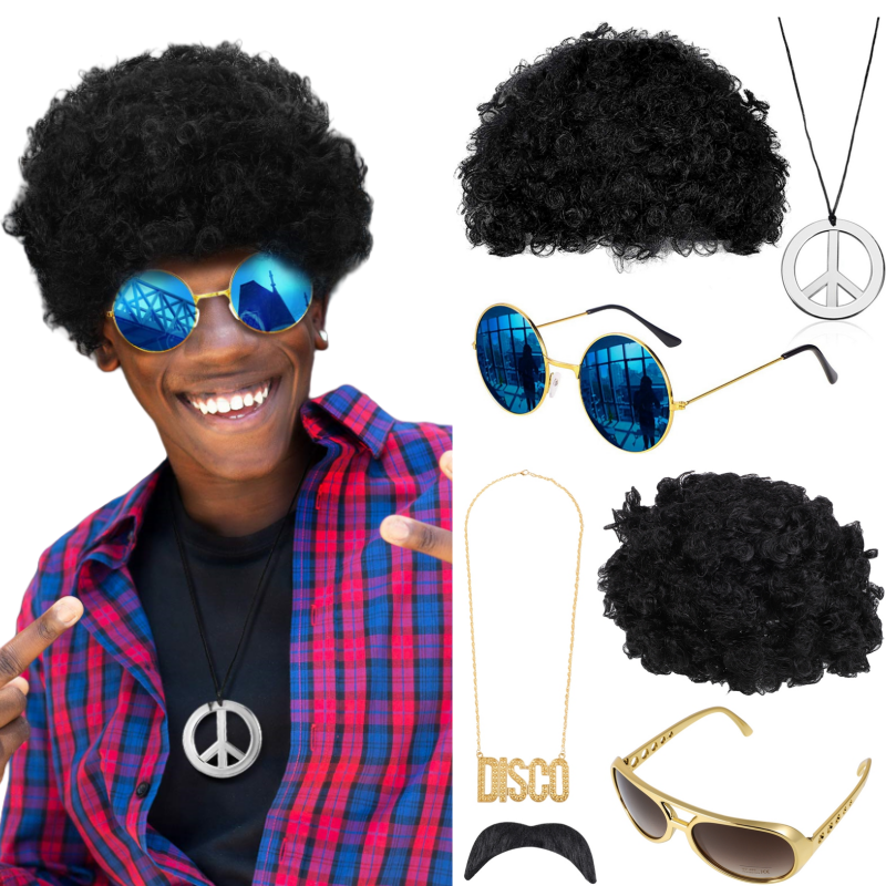Conjunto de joyería de disfraz, peluca Afro sintética, collar de gafas de sol para temática de los años 50, 60 y 70, accesorios de ropa de estilo años 80 para hombres
