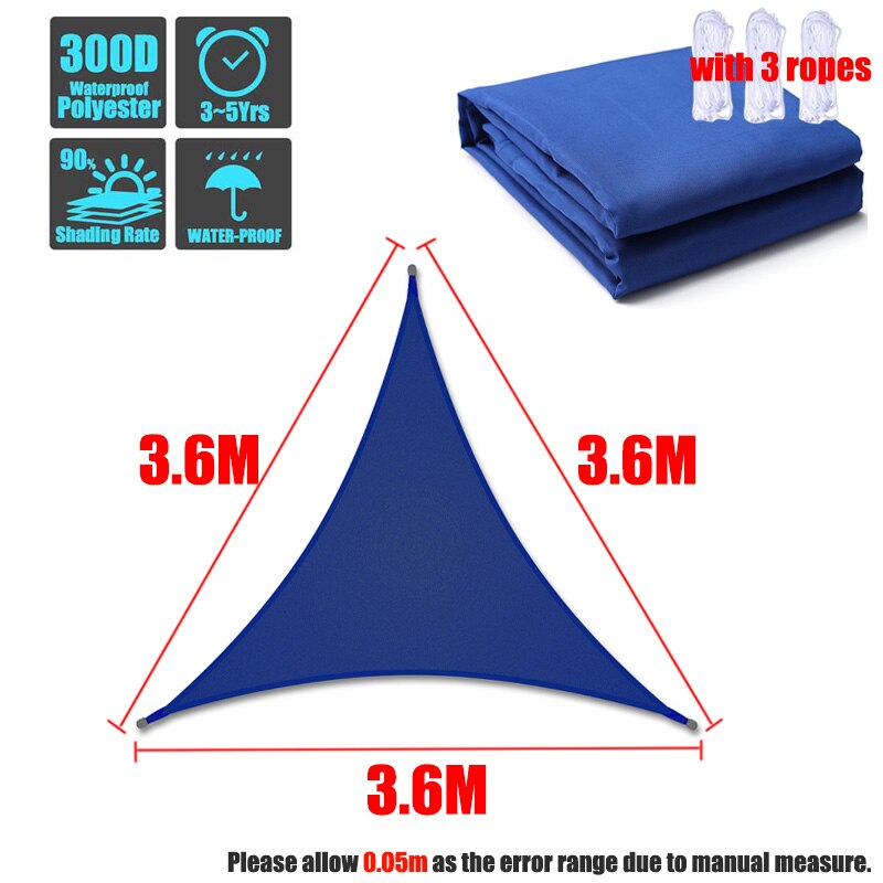 Blue 300D 8 SIZES Regular Triangle Shade Sail Waterproof Polyester awning Sun Outdoor Sun Shelter garden Camping Canopy shed: 3.6x3.6x3.6m