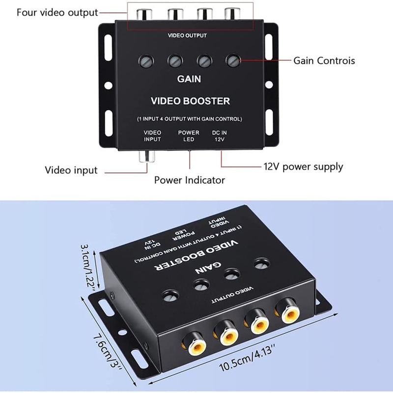 Retail Car Video Splitter 1 To 4 AV Signal Booster Amplifier Splitter For Car CCTV TV LCD DVD Player 1 Input 4 Output