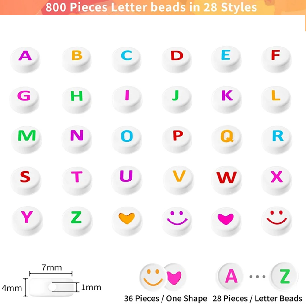 Cuentas de Letras para hacer, 28 patrones y 8 colores del alfabeto, cara colorida y corazón Bea, 800 piezas