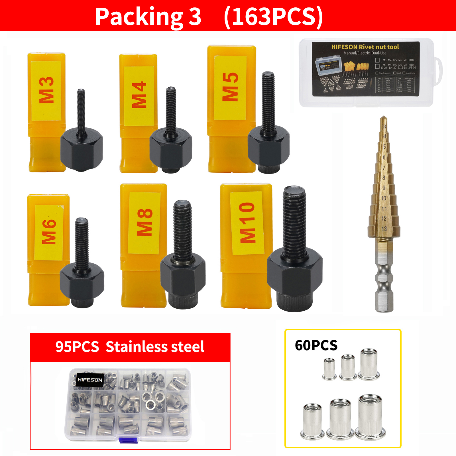 Écrou de tête de pistolet de rivetage manuel en acier inoxydable, outil d&#39;installation Simple, M3 M4 M5 M6 M10 avec 70 / 95 / 300 pièces écrous pince a rivet riveteuse pince rivet riveteuse électrique rivet fileté pinc: Packing 3