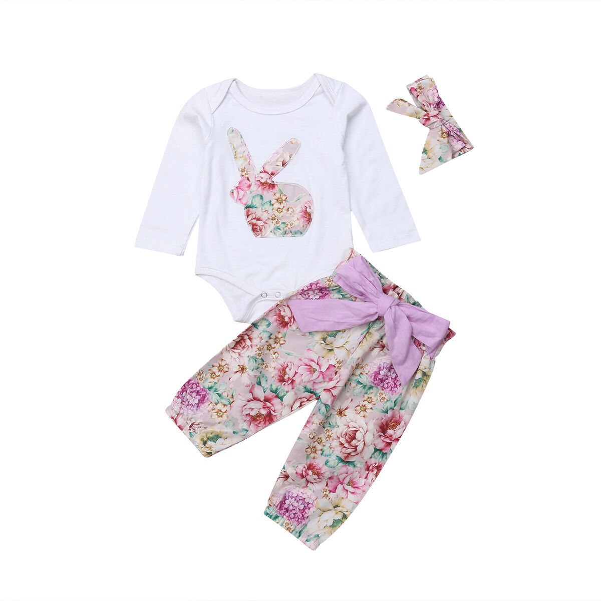 Nyfødte babypiger blomsterprint kanin bodysuit + blomster print bukser 2 stk tøj sæt: 6m