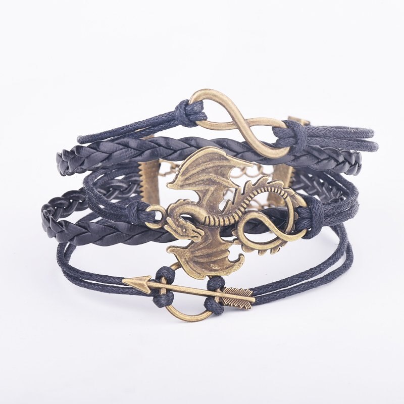 Mannen Lederen Armband Vintage Punk Antieke Zilveren Draak Armbanden Charm voor Vrouwen