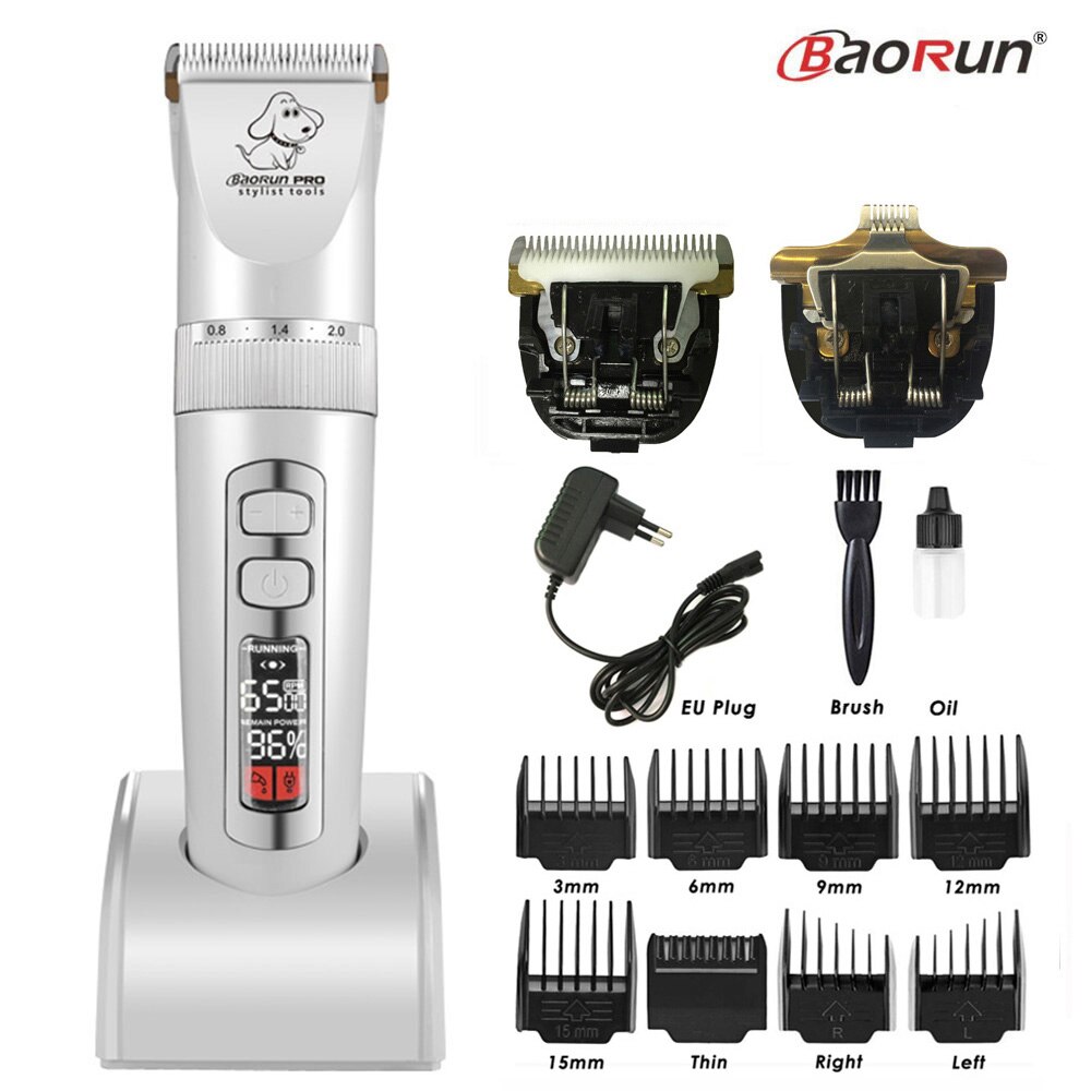 BaoRun P9 Clipper Dogs LCD Screen Pet Cat Clippers Electrical Grooming Trimmer Rechargeable Haircut Machine Animals: White Add A B Blades