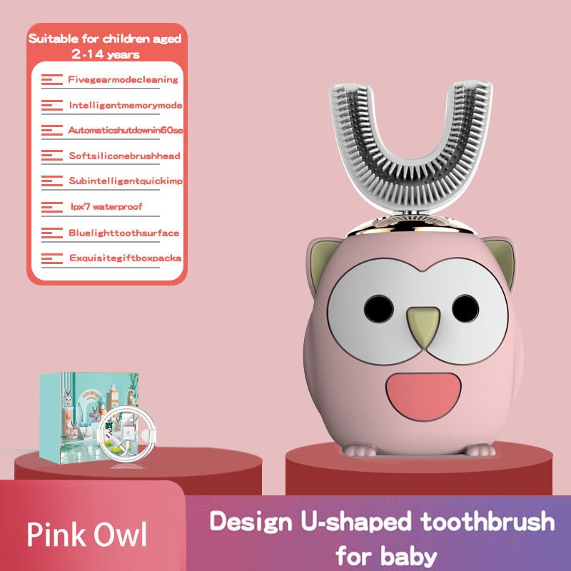 Intelligente 360-Graden Elektrische U-Vormige Tandenborstels Voor Kinderen Bevatten Automatische Ultrasone Tanden Ceaning En Whitening Auto: Pink owl