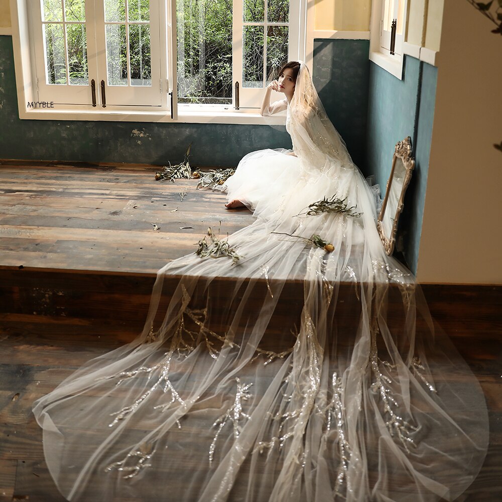 Champagne 3 meters wide 4 meters long high-end yarn champagne and rice white lightning flash branches metal dazzling bride veil