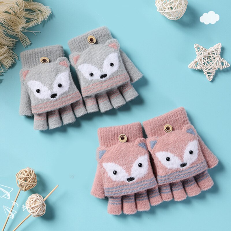 Kinderen Winter Gebreide Convertible Handschoenen Kerst Cartoon Vos Warme Zachte Gevoerd Flip Top Vingerloze Wanten Baby Handschoenen 6-10T