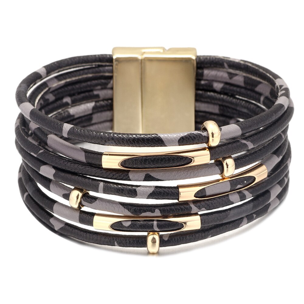 Multilayer Magneet Mode Luipaard Trendy Lederen Armbanden Vrouwen Mode Meisje Manchet Armband Vrouwelijke Sieraden geometrische: black