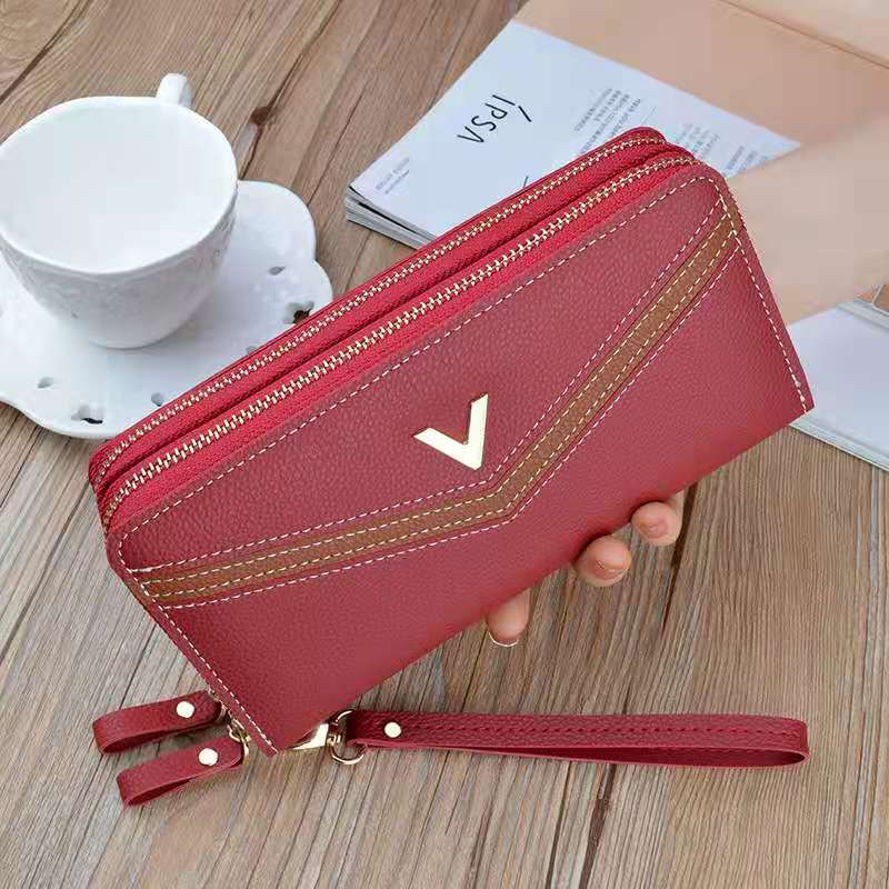 Women&#39;s wallet V Ladies mobile phone bag long ladies clutch bag star Double zipper hand strap bag Multiple color 697: red  v v 697