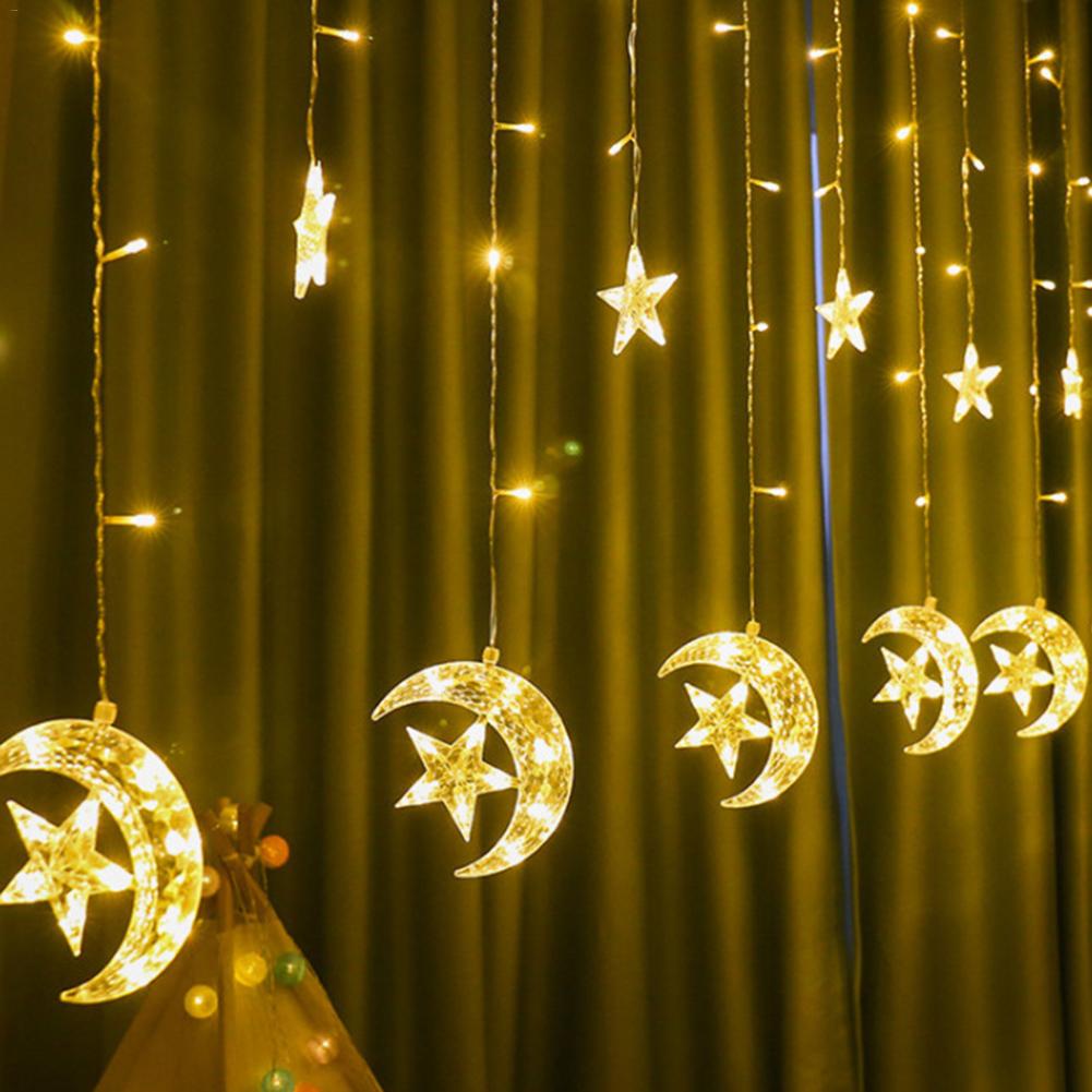 220V impermeable LED estrella Luna cadena luces LED Hada luces cortina luz Navidad boda decoración lámpara luces centelleantes: Warm White
