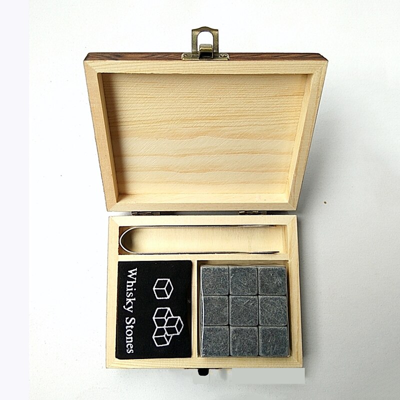 9Pcs Whisky Ice Stones with Wooden Box& Velvet Bag Wine Drinks Cooler Cubes Whisky Stone Granite Pouch Reusable Cubes Granite