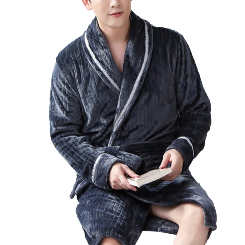 Men Casual Kimono Bathrobe Autumn Winter Flannel Long Robe Thick Warm Sleepwear Nightgown Male Loose Home Wear: smoky gray