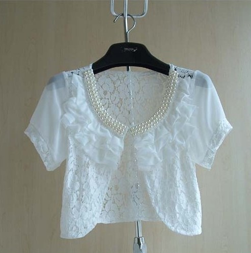 Weiß Frauen Kurzarm Perlen zucken Bolero Spitze Hochzeit Braut Sommer Jacke Elegante Kap Sonnenschutz Kleidung