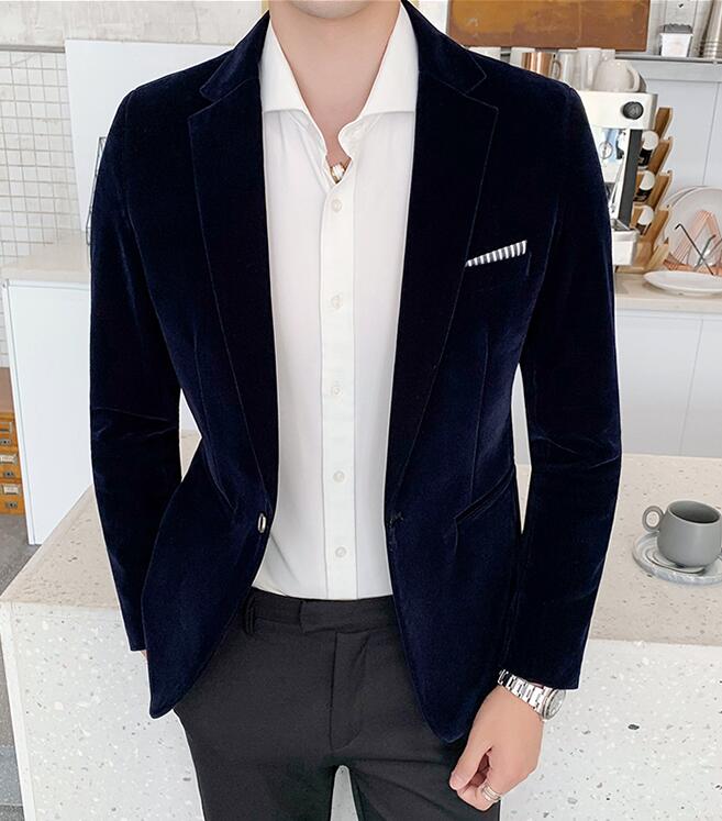 Wine Navy Velvet Men's Jacket dress Men Wedding Suit Male Blazers Slim Fit Suits for Mens Costume Business Formal Party Blazer: Navy Blue / Size 3XL 70 to75 kg
