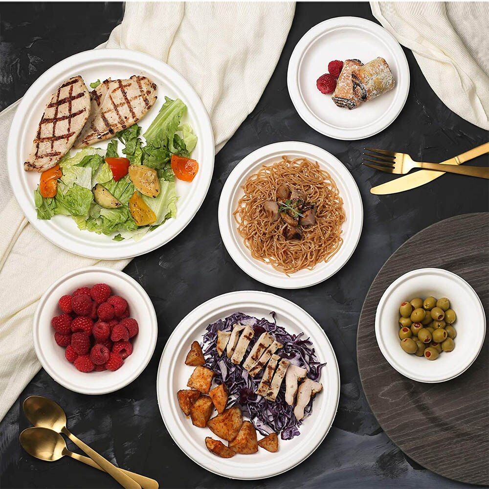 50 Disposable Plates Paper Heavy-Duty Tableware Compostable Plates Natural Sugarcane Bag-Like Fibers are 100% Biodegradable